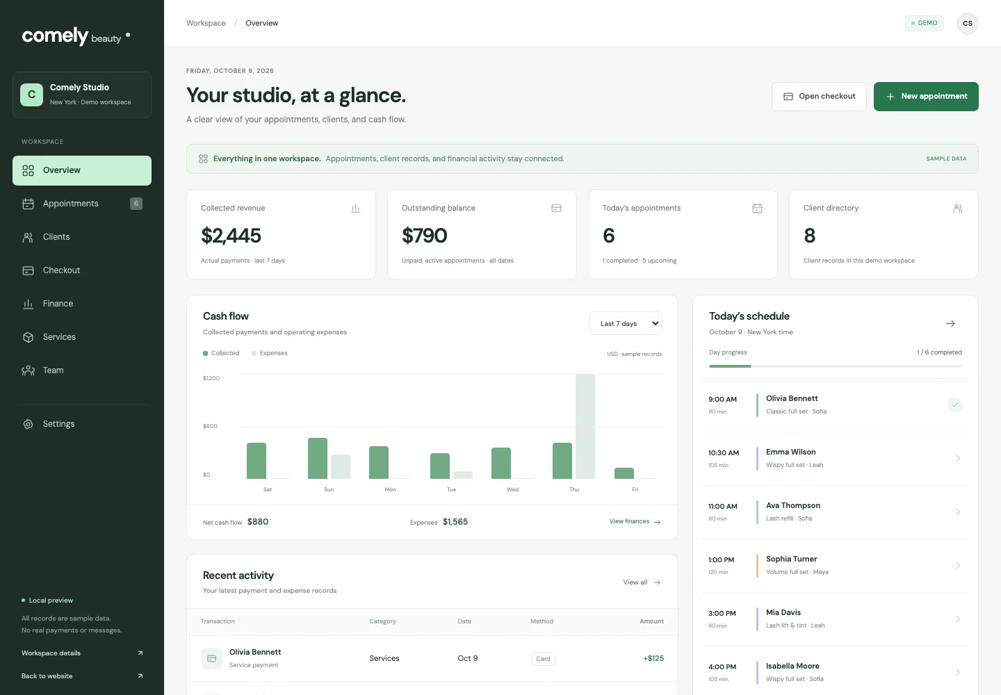 Studio overview with collected revenue, outstanding balances, schedule and cash flow
